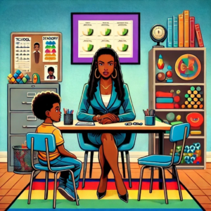 A female school psychologist sitting at a table with a child. The room is welcoming, featuring a colorful teacher's rug, a shelf with test kits, sensory items, counseling toys and a filing cabinet.