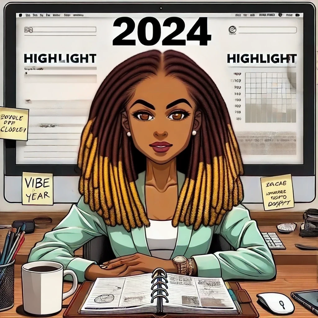 Beautiful woman with ombre micro-locs framing her face. She is seated at a sleek desk facing a computer screen that says 2024.